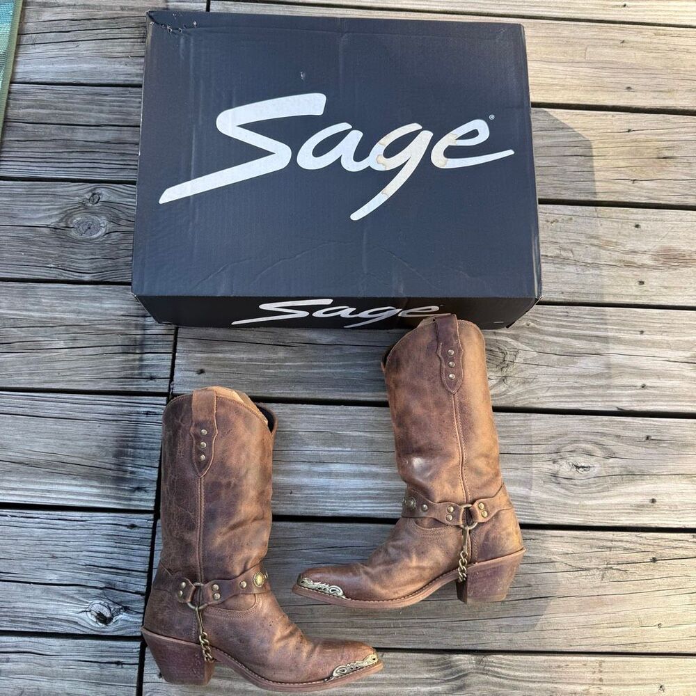 Sage Women’s Brown Leather Western Harness Cowboy Boots Size 7.5 M